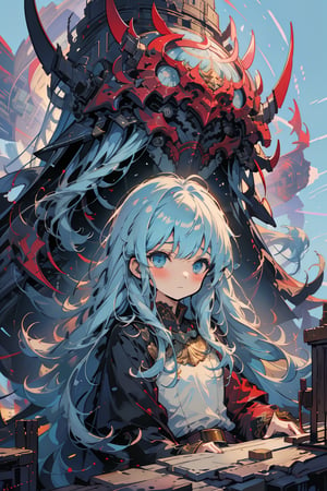 masterpiece, best quality, extremely detailed, (illustration, official art:1.1), 1 girl ,(((( light blue long hair)))), ,(((( light blue long hair)))),light blue hair, , long hair ((blush)) , cute face, masterpiece, best quality,(((((a very delicate and beautiful girl))))),Amazing,beautiful detailed eyes,blunt bangs((((little delicate girl)))),(((tareme))),droopy eyes.(true beautiful:1.2), sense of depth,dynamic angle,,,, affectionate smile, (true beautiful:1.2),,(tiny 1girl model:1.2),)(flat chest),One girl、Dynamic configuration、[17277fbe68],He threatened Hideo.、high quality、Maximum details、(((最high quality、最高masterpiece、Official Art、最高のDynamic configuration)))、、(Tabletop, 最high quality), Very detailed, Anime Style, Concept Art、whole body, (masterpiece), 最high quality, Fantasy art,whole body、masterpiece、最high quality、(colorful)、（Beautifully detailed eyes and face）、Cinema Lighting、Extremely detailed CG、Super huge、whole body、wallpaper、Dress with weapons in Wonderland, (((Everybody wears red ))), Ammunition belt, gun, machine gun, gatling gun, hand gun,weapons,Barren Land、White Background、