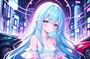 masterpiece, best quality, extremely detailed, (illustration, official art:1.1), 1 girl ,(((( light blue long hair)))), ,(((( light blue long hair)))),light blue hair, ,10 years old, long hair ((blush)) , cute face, big eyes, masterpiece, best quality,(((((a very delicate and beautiful girl))))),Amazing,beautiful detailed eyes,blunt bangs((((little delicate girl)))),tareme(true beautiful:1.2), sense of depth,dynamic angle,,,, affectionate smile, (true beautiful:1.2),,(tiny 1girl model:1.2),)(flat chest)),masterpiece,best quality, masterpiece, highres, 1girl,1 girl, sitting in a car, depressed expression, lonely, disappointed, raining outside, night、Perfect　hands
,petite,breakdomain,Car,light,NeonST2,neon background
