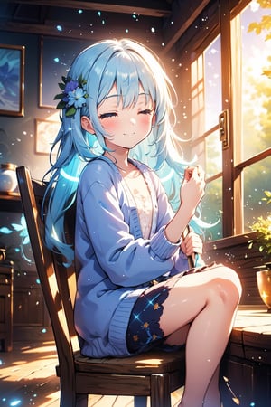 masterpiece, best quality, extremely detailed, (illustration, official art:1.1), 1 girl ,(((( light blue long hair)))), light blue hair, ,10 years old, long hair ((blush)) , cute face, big eyes, masterpiece, best quality,(((((a very delicate and beautiful girl))))),Amazing,beautiful detailed eyes,blunt bangs((((little delicate girl)))),tareme(true beautiful:1.2), sense of depth,dynamic angle,,,, affectionate smile, (true beautiful:1.2),,(tiny 1girl model:1.2),)(flat chest)),(Master photography:1.4),(Beautiful and delicate girl:1.2),green light, tranquil, no lineart, Maya Hotel, abandoned room, big windows, leaves are falling, 1gitl sitting on wooden chair, light blue hair and white dress, closed eyes,(sitting with one knee up:1.1), cardigan, luminous glow, mystic atmosphere, depth of field, dynamic angle, light particle effect, light leaks, aerial effect, blue flowers,look into viewers, look into viewers,(sitting with one knee up:1.1), cardigan, luminous glow, mystic atmosphere, depth of field, dynamic angle, light particle effect, light leaks, aerial effect, blue flowers,look into viewers, look into viewers 