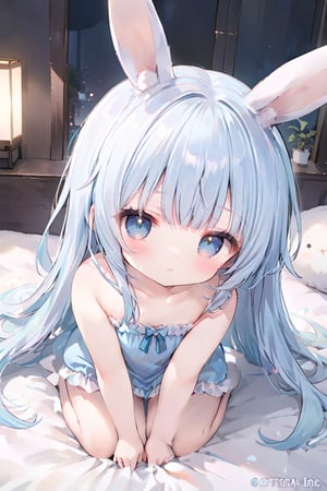 masterpiece, best quality, extremely detailed, (illustration, official art:1.1), 1 girl ,(((( light blue long hair)))), ,(((( light blue long hair)))),light blue hair, , long hair ((blush)) , cute face, big eyes, masterpiece, best quality,(((((a very delicate and beautiful girl))))),Amazing,beautiful detailed eyes,blunt bangs((((little delicate girl)))),tareme(true beautiful:1.2), sense of depth,dynamic angle,,,(((tareme))), (true beautiful:1.2),,(tiny 1girl model:1.2)(flat chest) 、Fluffy bunny ears, one cute girl, light blue hair and eyes, cute room