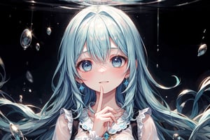 masterpiece, best quality, extremely detailed, (illustration, official art: 1.1), 1 girl, ((light blue long hair))), light blue hair, 10 years old, long hair ((blush)), cute face, big eyes, masterpiece, best quality, ((a very delicate and beautiful girl))))), amazing, beautiful detailed eyes, blunt bangs ((((little delicate girl)))), tareme, long hair cute anime faces, detailed light, parted lips, shiny, beautiful detailed face, long hair, pale long hair, smile, looking at viewer, jewelry, lips, small breasts,(masterpiece:1.2), best quality,PIXIV,Colorful portraits, 1girl, solo, looking at viewer, holding, blue eyes, camera, bangs, blush, long hair, long sleeves, upper body, blurry,hands up, triangle, sweater, depth of field, light particles, covered mouth, fingernails,Bubble, under the water, Air bubble,bright light blue eyes,Bright eyes like sapphires, flourescent blue, , fingernails,Bubble, under the water, Air bubble,bright light blue eyes,Bright eyes like sapphires, flourescent blue, ,,,Cold background,、glass shards、 under the water,

