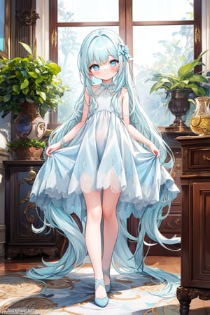 masterpiece, best quality, extremely detailed, (illustration, official art:1.1), 1 girl ,(((( light blue long hair)))), ,(((( light blue long hair)))),light blue hair, , long hair ((blush)) , cute face, masterpiece, best quality,(((((a very delicate and beautiful girl))))),Amazing,beautiful detailed eyes,blunt bangs((((little delicate girl)))),(((tareme))),droopy eyes.(true beautiful:1.2), sense of depth,dynamic angle,,,, affectionate smile, (true beautiful:1.2),,(tiny 1girl model:1.2),)(flat chest),smile、(4 year old child２people)、Holding hands and taking a walk、, proudly showing her their luxurious, modern home. The home is elegant and sophisticated, seamlessly blending with the surrounding lush greenery. The scene exudes a warm, aesthetic vibe, with soft, inviting colors and gentle lines, capturing the love and pride in the young girl eyes as he presents their stunning residence to his mother. The house features sleek architecture, large windows, and stylish design elements, ensuring a contemporary and luxurious feel. The overall atmosphere is serene and enchanting, evoking a sense of beauty, tranquility, and modern opulence.a family of 3 posing in front of a house、full body、Long skirt
