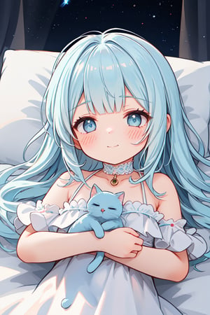 masterpiece, best quality, extremely detailed, (illustration, official art:1.1), 1 girl ,(((( light blue long hair)))), ,(((( light blue long hair)))),light blue hair,loli, long hair ((blush)) , cute face, , masterpiece, best quality,(((((a very delicate and beautiful girl))))),Amazing,beautiful detailed eyes,blunt bangs((((little delicate girl)))),tareme(true beautiful:1.2), sense of depth,dynamic angle,,,, affectionate smile, (true beautiful:1.2),,(tiny 1girl model:1.2),)(flat chest), complex background, wishing star background, a magical scene with shining stars and dreamlike elements, conveying the idea that the magic of Christmas awakens sleeping dreams. Make sure the elements give a dreamy feel. in bed, There are a lot of pillows, dreamy, comfortable, night time, crescent moon, Quiet nights,Comfortable beds,Cosy bedroom,Serene expression,Lightweight dressing gown,gentlesoftlighting,dreamlike scenes,Cloud-like pillows,Starry curtain, portrait、 ☁🌙, ,Embryo,Sleep comfortably, Sleeping Girl,nightcore, Anime girl sleeping with cat in clouds with stars,
,pure sleep, (wide shot, white background