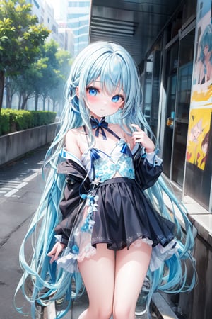 masterpiece, best quality, extremely detailed, (illustration, official art:1.1), 1 girl ,(((( light blue long hair)))), ,(((( light blue long hair)))),light blue hair, , long hair ((blush)) , cute face, big eyes, masterpiece, best quality,(((((a very delicate and beautiful girl))))),Amazing,beautiful detailed eyes,blunt bangs((((little delicate girl)))),(((tareme))),droopy eyes.(true beautiful:1.2), sense of depth,dynamic angle,,,, affectionate smile, (true beautiful:1.2),,(tiny 1girl model:1.2),)(flat chest), (masuter piece、top-quality)、(Live action、Intricate details)、(1lady、独奏、The upper part of the body、) garments: Edgy、Black jumper、Pink mini skirt、Avant-garde、、Dramatic makeup、Unconventional fashion choices behavior: Rebel、Runaway Ladies Leader、secretary-general、Black jumper、Pink mini skirt、Anti-system、Provocative Location: urban art district、Underground Music Scene Hobbies: Bad girl、Create mixed media art、Experiment with different subcultures values: individuality、authenticity、Creative Expression Inspiration: Runaway Ladies Leader、secretary-general、Counterculture icons、Nature: boldness、Unconventional。
