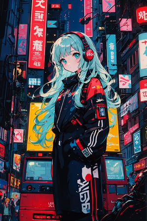  ,(((( light blue long hair)))), , (true beautiful:1.2),long hair,,10yo,,(tiny 1girl model:1.2), soda, Inspired by 90s anime, Cyberpunk City, praise, colorful, listen to music, Drinking alcohol