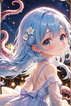 masterpiece, best quality, extremely detailed, (illustration, official art:1.1), 1 girl ,(((( light blue long hair)))), ,(((( light blue long hair)))),light blue hair, , long hair ((blush)) , cute face, big eyes, masterpiece, best quality,(((((a very delicate and beautiful girl))))),Amazing,beautiful detailed eyes,blunt bangs((((little delicate girl)))),tareme(true beautiful:1.2), sense of depth,dynamic angle,,,, affectionate smile, (true beautiful:1.2),,(tiny 1girl model:1.2),)(flat chest) ,,masterpiece, best quality,blush, , shy smile,  , open legs, tentacles,  starry night, smile、Pink Gothic Dress、cute、
,(Depth of field, hdr, 8k wallpaper, cinematic angle, cinematic lighting,:1.1) (masterpiece, best quality:1.45),round and round