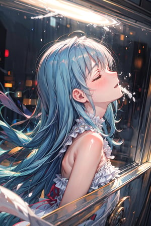 (masterpiece, best quality, extremely detailed, absurdres)), masterpiece, best quality, extremely detailed, (((powder blue long hair))), long hair cute anime faces, detailed light, parted lips, shiny, beautiful detailed face, long hair, pale long hair, smile, looking at viewer, jewelry, lips, beautiful, expressive face, 1girl, solo, flat chest, blush, bangs, super fine illustration, 8k wallpaper, (photo background: 1.3), beautiful, (vivid: 1.4), colorful lighting, breathtaking beauty, breathtaking art, (anime style: 1.3), reflection, incredible art, perfect light reflection, dutch angle, (dazzling light: 1.1), clarity of light and dark break ((bokeh photography: 1.3), soft focus, out-of-focus highlights, dreamy ambiance, glowing circles, mesmerizing depth: 1.1), best quality, super fine illustration, an extremely cute and beautiful girl, highly detailed beautiful faces, beautiful hair, solo, 1 girl, from side, closed eyes, licking lips, (( POWDER BLUE LONG HAIR))),,,cuteloli,ASU1