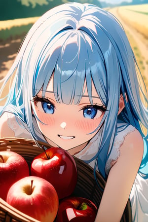 masterpiece, best quality, extremely detailed, (illustration, official art:1.1), 1 girl ,(((( light blue long hair)))), ,(((( light blue long hair)))),light blue hair, , long hair ((blush)) , cute face, masterpiece, best quality,(((((a very delicate and beautiful girl))))),Amazing,beautiful detailed eyes,blunt bangs((((little delicate girl)))),(((tareme))),droopy eyes.(true beautiful:1.2), sense of depth,dynamic angle,,,, affectionate smile, (true beautiful:1.2),,(tiny 1girl model:1.2),)(flat chest),(best quality:1.2), (ultra detailed:1.2), ultra high resolusion, highres,8k, Country roads, wheat fields, hoodless horse-drawn carriage, lying on a heap of apples piled up on a loading platform, grin, afternoon, apple basket, ,(masterpiece),scenery
