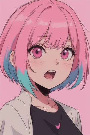 1girl, solo, looking at viewer, short hair, open mouth, bangs, upper body, pink hair, pink eyes, glowing, portrait, multicolored eyes, eye focus, yumemi riamu,Anime gotico 