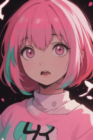 1girl, solo, looking at viewer, short hair, open mouth, bangs, upper body, pink hair, pink eyes, glowing, portrait, multicolored eyes, eye focus, yumemi riamu,Anime gotico 