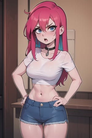 1girl, solo, long hair, breasts, looking at viewer, blush, open mouth, bangs, blue eyes, large breasts, shirt, navel, hair between eyes, very long hair, standing, white shirt, pink hair, short sleeves, thighs, red hair, multicolored hair, cowboy shot, shorts, midriff, stomach, :o, collar, crop top, hand on hip, short shorts, gradient hair, chain, denim, blue shorts, denim shorts, taut clothes, taut shirt, robot ears,Anime gotico 