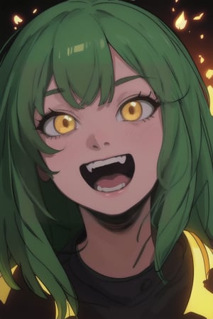 1girl, solo, long hair, looking at viewer, smile, open mouth, green eyes, yellow eyes, green hair, teeth, glowing, fangs, portrait, glowing eyes, crazy eyes, crazy smile