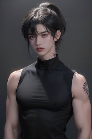 (masterpiece,best quality,ultra_detailed,highres,absurdres),1boy, male focus, solo, black hair, simple background, crimson eyes, upper body,((short length hair:1.4)), looking at viewer, parted lips, ((neck tattoo:1.3)), 

((Black_colored_hair:1.4)), ponytail_hairstyle , (single and high ponytail:1.5) ,(( hair_bangs:1.5)) ,

(black and tight closed sleeveless shirt:1.5), wide_shoulder , (muscular biceps:1.5) , ((bangs extra long on one side))

bright_eyes , half body shot ,