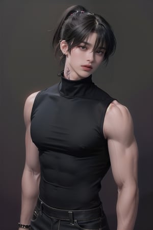 (masterpiece,best quality,ultra_detailed,highres,absurdres),1boy, male focus, solo, black hair, simple background, crimson eyes, upper body,((short length hair:1.4)), looking at viewer, parted lips, ((neck tattoo:1.3)), 

((Black_colored_hair:1.4)), ponytail_hairstyle , (single and high ponytail:1.5) ,(( hair_bangs:1.5)) ,

(black and tight closed sleeveless shirt:1.5), wide_shoulder , (muscular biceps:1.5) , ((tight chest:1.3)) 

bright_eyes , half body shot , (abs:1.2)