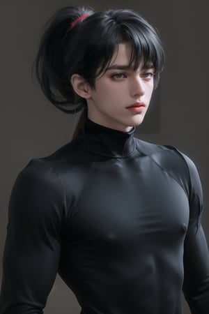 (masterpiece,best quality,ultra_detailed,highres,absurdres),1boy, male focus, solo, black hair, simple background, crimson eyes, upper body,tight_undershirt, long hair, looking at viewer, parted lips,black_tight_undershirt, red background,monocle,  looking away

((Black_colored_hair:1.4)), ((short and high ponytail:1.5)) , ((hair bangs:1.3))

black_undershirt , wide_shoulder , (biceps:1.3) , roundneck_tight_jersey , black_jersey

((Long_sleeve_black_tight_jersey:1.4)) , long sleeve jersey  , bright_eyes , 

