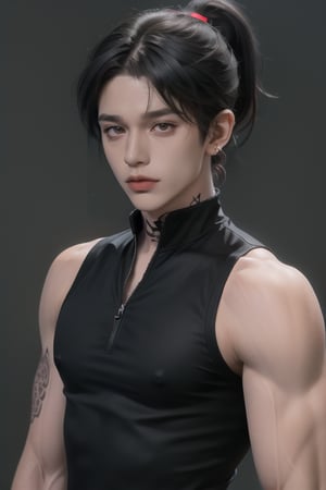 (masterpiece,best quality,ultra_detailed,highres,absurdres),1boy, male focus, solo, black hair, simple background, crimson eyes, upper body,((short length hair:1.4)), looking at viewer, parted lips, ((neck tattoo)), 

((Black_colored_hair:1.4)), ponytail_hairstyle , (single and high ponytail:1.5) ,(( hair_bangs:1.3)) ,

(black and tight sleeveless jersey:1.4) , (plain sleeveless jersey:1.4) , wide_shoulder , (muscular biceps:1.3) , ((tight chest:1.3)) , abs 

bright_eyes , tight sleeveless jersey , ((closed jersey:1.4))