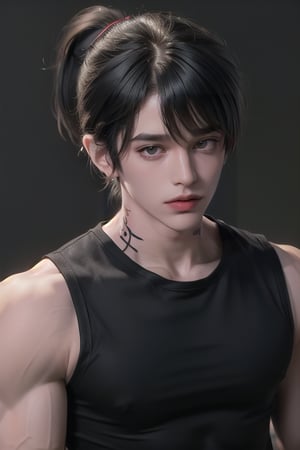 (masterpiece,best quality,ultra_detailed,highres,absurdres),1boy, male focus, solo, black hair, simple background, crimson eyes, upper body,((short length hair:1.4)), looking at viewer, parted lips, ((neck tattoo:1.3)), 

((Black_colored_hair:1.4)), ponytail_hairstyle , (single and high ponytail:1.5) ,(( hair_bangs:1.5)) ,

(black and tight closed sleeveless shirt:1.5), wide_shoulder , (muscular biceps:1.5) , 

bright_eyes , upper body shot , 