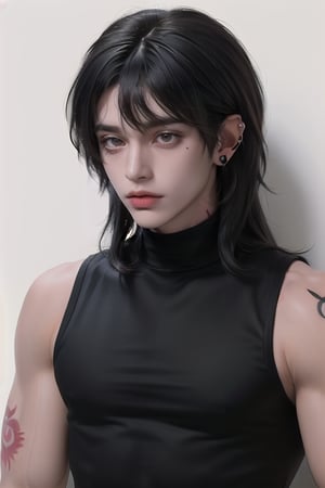 (masterpiece,best quality,ultra_detailed,highres,absurdres),1boy, male focus, solo, black hair, simple background, crimson eyes, upper body,((medium length hair:1.4)), looking at viewer, parted lips, ((neck tattoo:1.3)), looking away

((Black_colored_hair:1.4)), ((medium length hair covering ears:1.6)),(( hair_bangs:1.5)) ,

(black and tight sleeveless jersey:1.4) , (plain sleeveless jersey:1.4) , wide_shoulder , (muscular biceps:1.5) ,

bright_eyes , tight sleeveless jersey , half body shot , (abs:1.2) , 