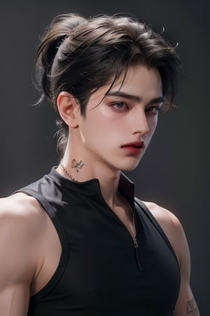 (masterpiece,best quality,ultra_detailed,highres,absurdres),1boy, male focus, solo, black hair,chain, simple background, crimson eyes, upper body,tight_undershirt, long hair, looking at viewer, parted lips, round eyewear, black_tight_undershirt, neck tattoo, hand on own shoulder, red background,monocle,  (looking  away:1.2)

Black_hair, ponytail_hairstyle , high_ponytail , hair_bangs , 

small_face , cute_face ,round_eyewear , black_undershirt , wide_shoulder , muscle_biceps , roundneck_fit_jersey , black_jersey

Black_fit_jersey , sleeveless , high_ponytail , bright_eyes