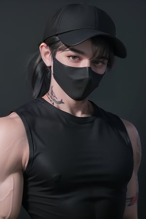 (masterpiece,best quality,ultra_detailed,highres,absurdres),1boy, male focus, solo, black hair, simple background, crimson eyes, upper body,((short length hair:1.4)), looking at viewer, parted lips, ((neck tattoo:1.3)), 

((Black_colored_hair:1.4)), ponytail_hairstyle , (single and high ponytail:1.5) ,(( hair_bangs:1.5)) ,

(black and tight closed sleeveless shirt:1.5), wide_shoulder , (muscular biceps:1.5) , ((tight chest:1.3)) , ((wearing baseball cap:1.5)) , ((wearing black mask:1.5))

bright_eyes , half body shot , (abs:1.2)