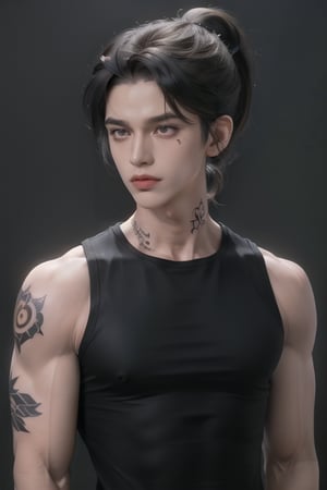 (masterpiece,best quality,ultra_detailed,highres,absurdres),1boy, male focus, solo, black hair, simple background, crimson eyes, upper body,((short length hair:1.4)), looking at viewer, parted lips, ((neck tattoo:1.3)),  (looking away:1.2)

((Black_colored_hair:1.4)), ponytail_hairstyle , (single and high ponytail:1.5) ,

(black and tight closed sleeveless shirt:1.5), wide_shoulder , (muscular biceps:1.5) , ((tight chest:1.3)) 

bright_eyes , half body shot , (abs:1.2)