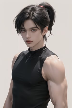 (masterpiece,best quality,ultra_detailed,highres,absurdres),1boy, male focus, solo, black hair, simple background, crimson eyes, upper body,((short length hair:1.4)), looking at viewer, parted lips, 

((Black_colored_hair:1.4)), ponytail_hairstyle , (single and high ponytail:1.5) ,(( hair_bangs:1.3)) ,

(black and tight sleeveless jersey:1.4) , (plain sleeveless jersey:1.4) , wide_shoulder , (muscular biceps:1.4) ,

bright_eyes , tight sleeveless jersey