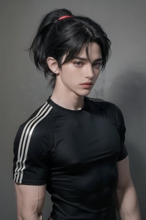 (masterpiece,best quality,ultra_detailed,highres,absurdres),1boy, male focus, solo, black hair, simple background, crimson eyes, upper body,((short length hair:1.4)), looking at viewer, parted lips, looking away

((Black_colored_hair:1.4)), ponytail_hairstyle , (single and high ponytail:1.5) ,(( hair_bangs:1.3)) ,

(black and tight short sleeve jersey:1.4) , (plain short sleeve jersey:1.4) , wide_shoulder , (muscular biceps:1.4) , abs , ((plain black colored jersey:1.4))

bright_eyes , (tight short sleeve jersey:1.4) , (closed jersey:1.4)