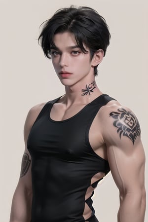 (masterpiece,best quality,ultra_detailed,highres,absurdres),1boy, male focus, solo, black hair, simple background, crimson eyes, upper body,((short length hair:1.4)), looking at viewer, parted lips, ((neck tattoo:1.3)),  (looking away:1.2)

((Black_colored_hair:1.4)), short hairstyle ,

(black and tight sleeveless jersey:1.4) , (plain sleeveless jersey:1.4) , wide_shoulder , (muscular biceps:1.3) , ((tight chest:1.3)) , abs 

bright_eyes , tight sleeveless jersey , ((closed jersey:1.4))