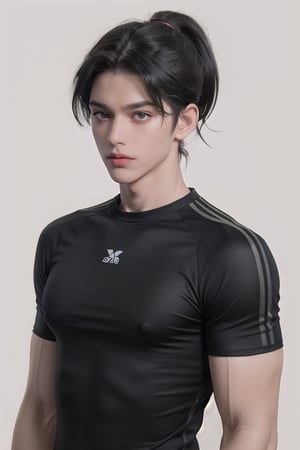 (masterpiece,best quality,ultra_detailed,highres,absurdres),1boy, male focus, solo, black hair, simple background, crimson eyes, upper body,((short length hair:1.4)), looking at viewer, parted lips, looking away 

((Black_colored_hair:1.4)), ponytail_hairstyle , (single and high ponytail:1.5)  ,

(black and tight short sleeve jersey:1.4) , (plain short sleeve jersey:1.4) , wide_shoulder , (muscular biceps:1.4) , ((tight chest:1.3)) , abs , half body shot , ((plain black colored jersey:1.4))

bright_eyes , (tight short sleeve jersey:1.4) , (closed jersey:1.4)