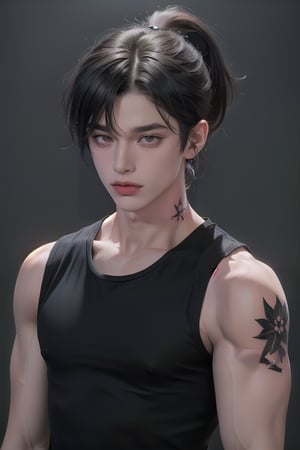 (masterpiece,best quality,ultra_detailed,highres,absurdres),1boy, male focus, solo, black hair, simple background, crimson eyes, upper body,((short length hair:1.4)), looking at viewer, parted lips, ((neck tattoo:1.3)), 

((Black_colored_hair:1.4)), ponytail_hairstyle , (single and high ponytail:1.5) ,(( hair_bangs:1.5)) ,

(black and tight closed sleeveless shirt:1.5), wide_shoulder , (muscular biceps:1.5) ,

bright_eyes , ((upper body shot:1.4)) , 