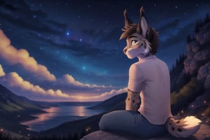 A high-resolution image of an anthropomorphic lynx boy, sitting comfortably on a rugged rock, gazing out at the endless horizon under a starry night sky. His back is presented to the viewer, showcasing his worn jeans and fitted shirt. The darkness is illuminated only by the twinkling stars above, casting a mystical ambiance as he sits in contemplative silence.