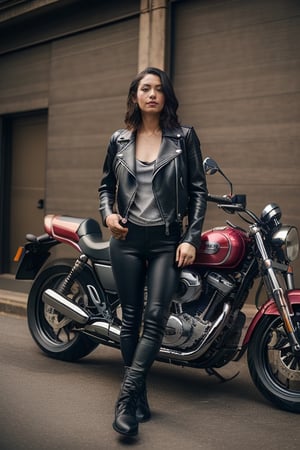 A shot of a woman wearing a motorcycle leather jac
A shot of a woman wearing a motorcycle leather jacket, standing in front of his bike