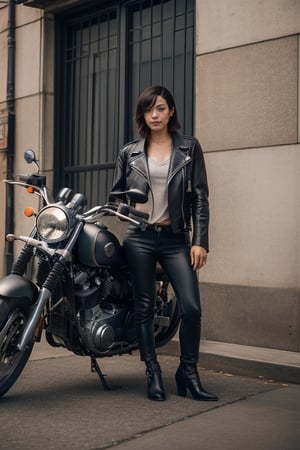 A shot of a woman wearing a motorcycle leather jac
A shot of a woman wearing a motorcycle leather jacket, standing in front of his bike