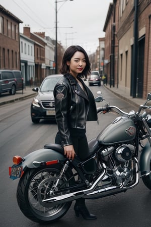 A shot of a woman wearing a motorcycle leather jac
A shot of a woman wearing a motorcycle leather jacket, standing in front of his bike