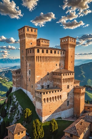 (Documentary photograph:1.3) of a wonderful (medieval castle in Italy:1.4), 14th century, (golden ratio:1.3), (medieval architecture:1.3), (mullioned windows:1.3), (brick wall:1.1), (towers with merlons:1.2), (set on top of a hill overlooking a valley:1.2), beautiful blue sky with imposing cumulonembus clouds, BREAK (aerial view:1.2), shot on Canon EOS 5D, from below, Fujicolor Pro film, in the style of Miko Lagerstedt/Liam Wong/Nan Goldin/Lee Friedlander, (photorealistic:1.3), (soft diffused lighting:1.2), vignette, highest quality, original shot. BREAK Front view, well-lit, (perfect focus:1.2), award winning, detailed and intricate, masterpiece, itacstl,