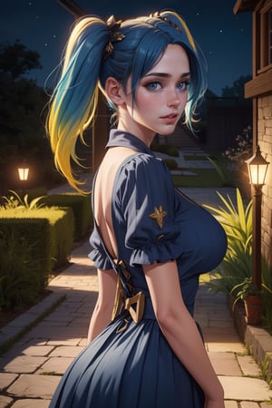 (hyper-realistic image),(masterpiece),(very good quality image),(video game style image),(state-of-the-art image quality),(beautiful colors),8perfect lighting),(unsurpassed image quality),( full hd), (8k unity),1 girl,sona,upper body,posing from back,blue eyes,blue hair,long hair,two pigtails,yellow hair at the ends,blue dress,hair decorations,( big breasts), symmetrical breasts, outdoors, walking in the garden at night, beautiful night,
,1girl