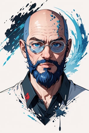 Centered image, color fragments, hand drawn, realistic sketch, rough sketch, bold lines, t-shirt design illustrations, white background, bald man, blue eyes, Garibaldi beard, dusk, flat illustration, high contrast, vibrant vector , vector image, 8k,
,midjourney