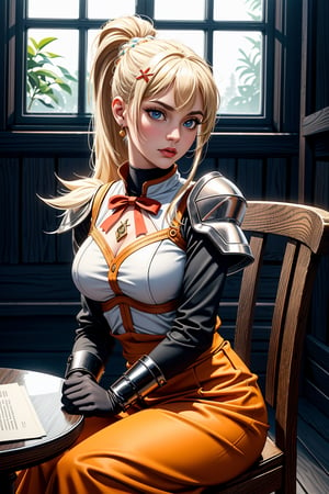 very good quality image, the best image with amazing quality, beautiful details, perfect lighting, latest generation image, 1 girl, alone, latina, blonde hair, ponytail, x hair ornament, blue eyes, looking at the viewer , pointy nose, monkey, black monkey, orange skirt, interior, inn, fantasy, medieval, sitting, sitting on a chair,