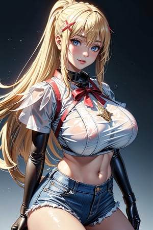 
(masterpiece, best quality, top quality, intricate details, beautiful, aesthetic: 1.2), high quality, 8k, RAW, ultra details, extremely delicate and beautiful, 1 girl, 1 girl, solo, lalatina, blonde hair, ponytail horse, x hair ornament, blue eyes, ((huge breasts)), look at viewer, pointed nose, fantasy, medieval, walking, beach ((transparent serafuku)), ((crop top)), under the breast, micro shorts, jean photo, bare arms, short sleeves, arms placed at the sides, legs, smile, free, headphones, ((around the neck))