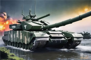 ((very good quality image))((highly defined details))((ultra realistic image))((full hd))((amazing colors))((1 t90 model war tank)),crossing a river ,with explosions around,splashing water