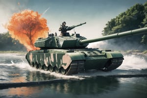 
((very good quality image))((highly defined details))((ultra realistic image))((full hd))((amazing colors))1 tank, t90 model, crossing a river, with explosions around, splashing water,DonMG414 
