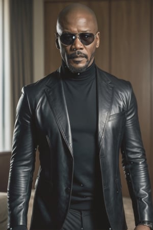 ((masterpiece, best quality)), absurdres, (Photorealistic 1.2), sharp focus, highly detailed, top quality, Ultra-High Resolution, HDR, 8K, cool color grading, epiC35mm, film grain, upper body shot,

photo of handsome African-American man, 50 year old man, (Nick Fury from the "Avengers") (Samuel L. Jackson:1.2)  
(((reimagined as  as a mobster))), (John Wick movie style) (((gothic-punk style))) (standing in a dark luxurious hotel room) (((holding a high-tech gadget))), 

((wearing black turtleneck, leather jacket, eyepatch))),

 (freckles:0.0)), athletic body, dark skin, photo of perfect eyes, dark eyes, detailed face, serious, 