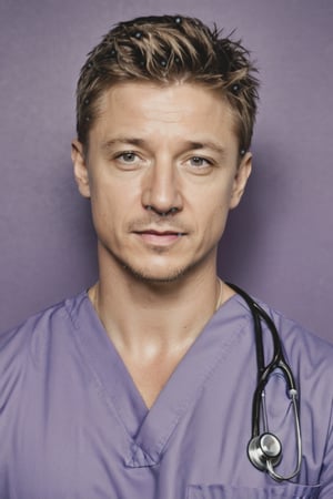 ((masterpiece, best quality)), absurdres, (Photorealistic 1.2), sharp focus, highly detailed, top quality, Ultra-High Resolution, HDR, 8K, photo of handsome man, 30 year old American man, (Hawkeye from the "Avengers") (Jeremy Renner:1.2) (((as a male nurse in an E.R. soap opera))) (standing in an Emergency room), epiC35mm, film grain, (freckles:0.0), upper body shot, (plain background:1.6), athletic body, pale skin, (((purple scrub))), short black hair,  photo of perfect eyes, dark eyes, detailed face, warm smile, cool color grading,