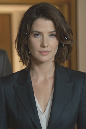 ((masterpiece, best quality)), absurdres, (Photorealistic 1.2), sharp focus, highly detailed, top quality, Ultra-High Resolution, HDR, 8K, cool color grading, epiC35mm, film grain, upper body shot,

photo of beautiful American woman, 25 years old, (((Maria hill (Cobie Smulders:1.2) from "Avengers",
(((reimagined as  as  an assassin))), (John Wick movie style) (((gothic-punk style))) (standing in a dark luxurious hotel room), 

(((dark grey suit))),

 (freckles:0.0)), hourglass body, (((medium-size breasts))), pale skin, short black hair, detailed blue eyes, warm smile face, cute face,
,CobieSmulders