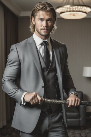photo of handsome man, 30 year old Norwegian man, (Thor from the "Avengers":0.6) (Chris Hemsworth:1.2) (((reimagined as  as an assassin))), (John Wick movie style) (((gothic-punk style))) (standing in a dark luxurious hotel room) (((holding a war hammer))), 

epiC35mm, film grain, (freckles:0.0), upper body shot, (plain background:1.6), muscular body, pale skin, (((shiny grey suit))), long blond hair,  photo of perfect eyes, dark eyes, smiling face,
