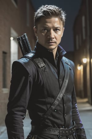 ((masterpiece, best quality)), absurdres, (Photorealistic 1.2), sharp focus, highly detailed, top quality, Ultra-High Resolution, HDR, 8K,

photo of handsome man, 30 year old American man, (Hawkeye from the "Avengers") (Jeremy Renner:1.2) (((reimagined as  as  an assassin))), (John Wick movie style) (((gothic-punk style))) (standing in a dark alley at night), 

(((purple ninja outfit))),

epiC35mm, film grain, (freckles:0.0), upper body shot, (plain background:1.6), athletic body, pale skin, short black hair,  photo of perfect eyes, dark eyes, detailed face, warm smile, cool color grading,