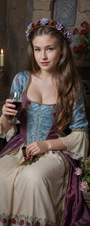 (masterpiece, best quality, ultra-detailed, 8K),high detail, realisitc detailed,
a sexy young princess with long flowy hair over shoulders in the dark, medieval gown , cuddling a bottle of stout, wreath, detailed eyes, soft skin, kind smile, glossy lips, details of colorful flowers,
a serene and contemplative mood,well lit  background consists of a medieval castle chamber,