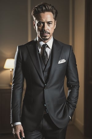 ((masterpiece, best quality)), absurdres, (Photorealistic 1.2), sharp focus, highly detailed, top quality, Ultra-High Resolution, HDR, 8K, photo of handsome man, 30 year old American man, (((Tony Stark, from the "Avengers":0.8))) (Robert Downey Jr.:1.2) (((reimagined as  as a mobster))), (John Wick movie style) (((gothic-punk style))) (standing in a dark luxurious hotel room) (((holding a high-tech gadget))), 

epiC35mm, film grain, (freckles:0.0), full body shot, (plain background:1.6), average body, pale skin, (((very fancy suit))), short black hair,  photo of perfect eyes, dark eyes, sarcastic smile, cool color grading,
