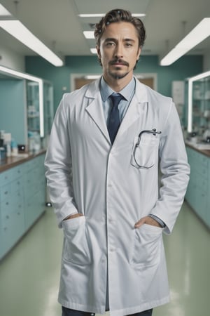 ((masterpiece, best quality)), absurdres, (Photorealistic 1.2), sharp focus, highly detailed, top quality, Ultra-High Resolution, HDR, 8K, photo of handsome man, 30 year old American man, (((Tony Stark, from the "Avengers":0.8))) (Robert Downey Jr.:0.8) (((reimagined as a doctor))) (((E.R. soap opera style))),  (standing in a hospital laboratory), epiC35mm, film grain, (freckles:0.0), full body shot, (plain background:1.6), average body, pale skin, (((stylish suit, lab coat))), short black hair,  photo of perfect eyes, dark eyes, sarcastic smile, cool color grading,