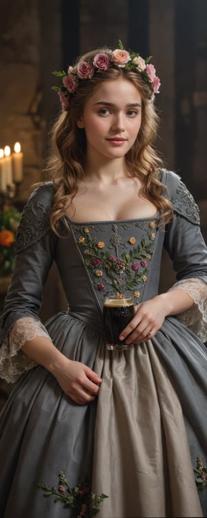 (masterpiece, best quality, ultra-detailed, 8K),high detail, realisitc detailed,
a sexy young princess with flowy hair over shoulders in the dark, medieval gown , cuddling a bottle of stout, wreath, detailed eyes, soft skin, kind smile, glossy lips, details of colorful flowers,
a serene and contemplative mood,well lit  background consists of a medieval castle chamber,